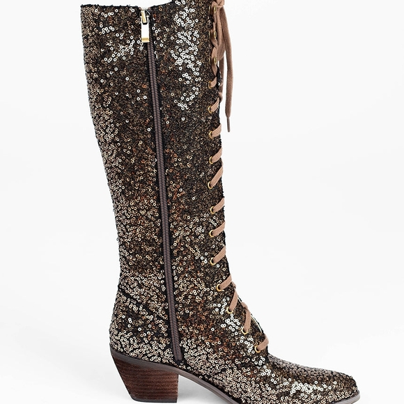 Joyfolie Bryce Boots In Bronze Sequin Lace-Up Knee-High - Sz9 - Picture 10 of 17